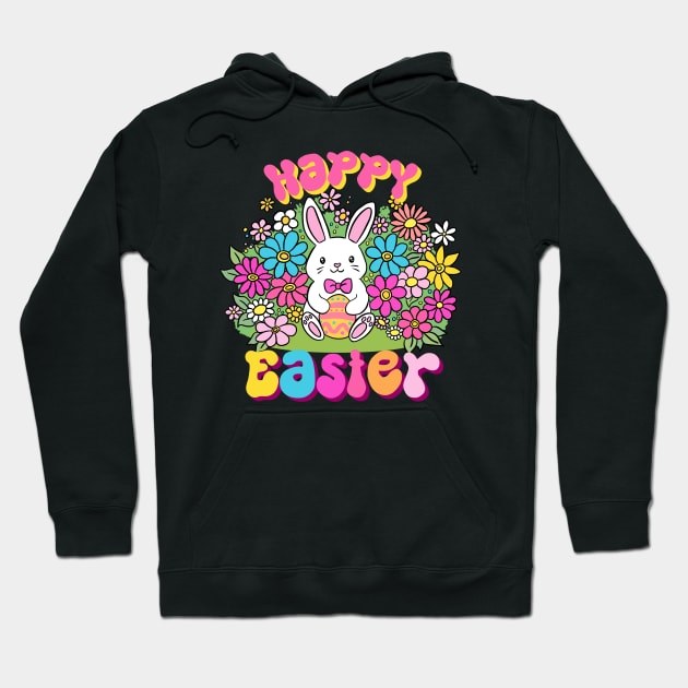 Happy easter a cute easter bunny holding an egg surrounded by flowers Hoodie by Yarafantasyart